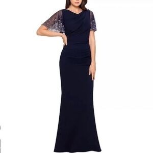 Betsy & Adam Beaded-Sleeve Gown V-back in Navy Blue